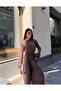 Women's Brown Waist Tie Detailed Crew Neck Blouse and Trousers Two-Piece Set - 4