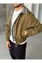 Plaid Collar Detailed Zippered Jacket t Khaki - 2