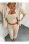 Women's Striped 3-Piece Set – Strappy Crop Blouse, Buttoned Cardigan, and Wide-Leg Pants - 2