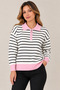 Women's Polo Collar Zippered Striped Knit Sweater