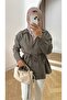 Women's Front-Seamed and Buttoned Waist-Tied Hijab Modal Shirt - Khaki - 6