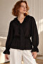 Women's Black V-Neck Collar Ruffled Elastic Waist Chiffon Blouse Arm-27K001023