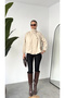 Women's Cream Stand Collar Bomber Coat Oversize Loose Fit Zippered Buttoned Seasonal Coat - 4
