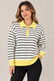 Women's Polo Collar Zippered Striped Knit Sweater