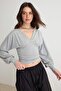 Gray Melange Plain Fitted V-Neck Balloon Sleeve Soft Knitted Blouse Twoaw27Bz00168