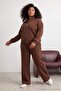 Brown Stand-Up Collar Zippered Soft Feel Plus Size Tracksuit Set Tbbaw27Ts00007