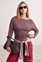 Anthracite-Red Striped Asymmetrical Collar Gathered Waist Knitted T-Shirt Twoaw27Ts00054