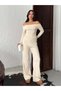 Ribbed Knitted Fabric Madonna Collar Crop Blouse and Wide Leg Pants Two-Piece Set