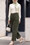 Velvet Trousers with Pockets and Wide Legs with Sequin Detail -Khaki - 4
