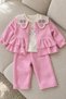 Baby Girl 3-Piece Set Floral Knitted Collar Ruffle Jacket Top and Bottom 3-Piece Set 6-9-12-18-24 Months