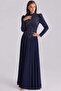 Stone Embellished Tulle Chiffon Combination Exclusive Hijab Evening Dress Dark Blue 1113-Y