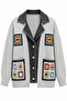 Gray Cardigan with Embroidered Pockets and Denim Detail
