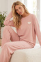 Salmon Heart Embroidery Ribbed Knitted Pajamas Suit25226003
