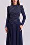 Stone Embellished Tulle Chiffon Combination Exclusive Hijab Evening Dress Dark Blue 1113-Y - 3