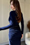 Shoulder Pad Piece Long Sleeve Degaje Collar Midi Navy Blue Dress with Detachable Gold Belt - 6