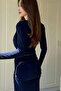 Shoulder Pad Piece Long Sleeve Degaje Collar Midi Navy Blue Dress with Detachable Gold Belt - 4