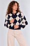 Women's Navy Blue-Cream Diamond Patterned Buttoned Knitwear Cardigan - 3