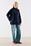 High-Collar Wool Knit Sweater Navy Blue