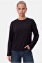 Women's Boxy 100% Cotton Textured Decorative Collar Interlock Long Sleeve Black T-Shirt - 5