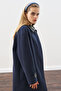 Leather Detail Coat with Embroidered Detailing, Navy Blue - 5
