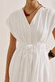 Pleated Belt Detailed Dress Ecru - 3