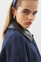 Leather Detail Coat with Embroidered Detailing, Navy Blue - 6