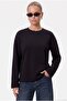 Women's Boxy 100% Cotton Textured Decorative Collar Interlock Long Sleeve Black T-Shirt
