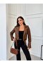 Light Brown Slim Fit Women's Jacket with Sleeve Zipper Detail - 2