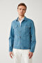 Men's Indigo Classic Collar Garment Dyed Pocketed Comfort Fit Denim Jacket A41Y6020