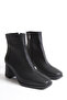 Women's Black Leather Blunt Toe Heeled Boots