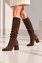 Women's Brown Suede Below-The-Knee Boots 7 cm Thick Heeled Stylish Daily Boots with Drawstring Detail - 6