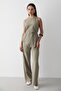 Women's Khaki Linen Crew Neck Vest Belted Pants Bottom & Top Set - 6