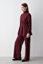 Women's Burgundy Stand Collar Belted Tunic & Button Detailed Elastic Waist Pants Set - 4