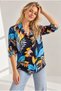 Women's Black Blue Leaf Patterned Viscose Shirt with Buttons - 6