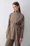 Women's Khaki Stand Collar Belted Tunic & Button Detailed Elastic Waist Pants Top & Bottom Set - 3