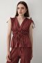 Women's Brick Shoulder Gathered Blouse & Elastic Waist Trousers Linen Set - 2