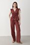 Women's Brick Shoulder Gathered Blouse & Elastic Waist Trousers Linen Set - 3