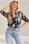 Women's Black Blue Leaf Patterned Viscose Shirt with Buttons - 2