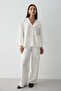 Women's White Button V Neck Kimono & Elastic Waist Pants Linen Bottom & Top Set - 3