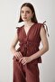 Women's Brick Shoulder Gathered Blouse & Elastic Waist Trousers Linen Set - 7