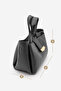 Women's Textured Look Double Handle Long Strap Metal Accessory Detailed Handbag Sernis Black - 8