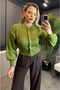 Green Balloon Sleeve Floral Button Detailed Short Cardigan - 5