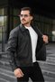 Men's Old Money Shirt Collar Zippered Seasonal Black Faux Leather Jacket - 3