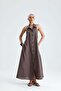 Vivianite Linen Buttoned Backless Long Brown Dress - 4