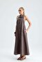 Vivianite Linen Buttoned Backless Long Brown Dress - 3