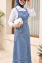 Denim Overalls with Fringed Skirt Detail, Button Front and Pockets - Ice Blue