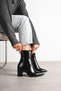 Women's Patent Leather Black Pointed Toe Thick Heeled Zippered Stylish Daily Boots - 5