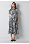 Linen Blend Printed Navy Blue Dress 1310764-91679 - 4