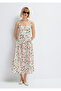 Floral Printed Square Neck Ecru Midi Dress 1310878-91526 - 2
