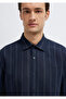 Linen Blend Striped Navy Blue Shirt Regular Fit / Normal Cut 0211979-91592 - 6